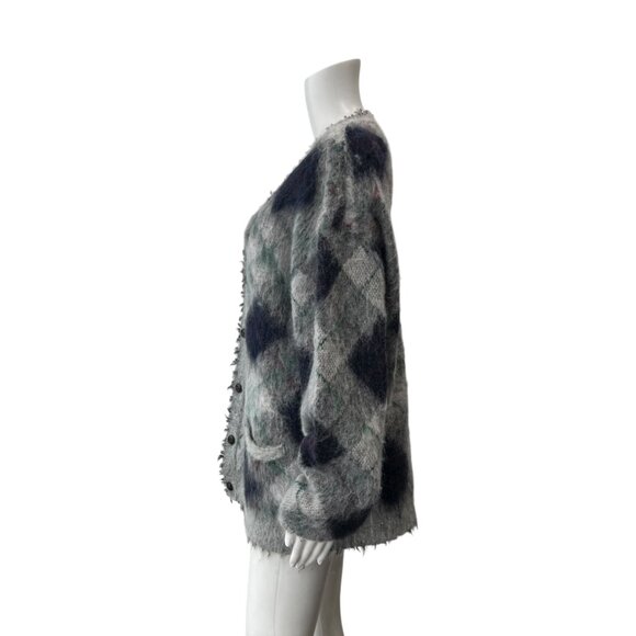 $680 NWT R13 Gray Plaid Argyle Fluffy Oversized Distressed Cardigan Sweater L - Picture 5 of 9